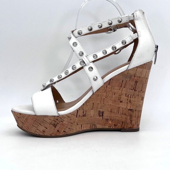 Marc Fisher White Leather Studded Cork Wedge Platform Sandals Heels Size 8M - Picture 10 of 15